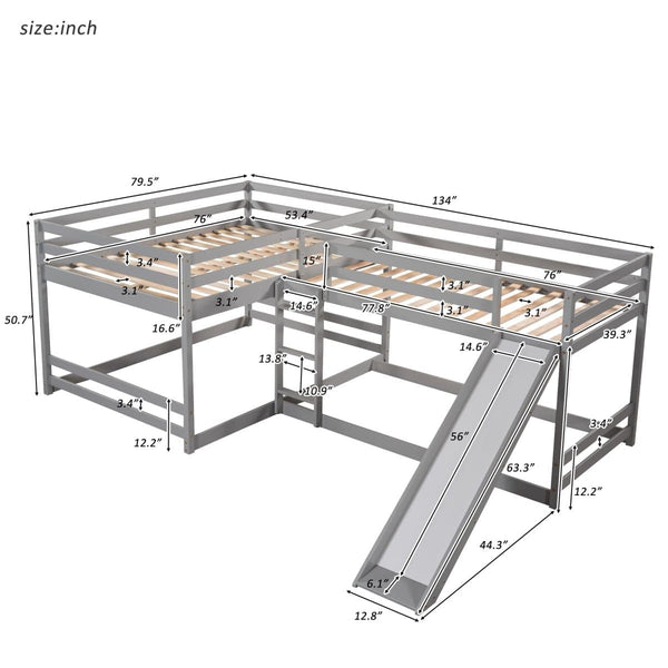 Grey- L Shaped Bunk Bed with Slide5DTYStore