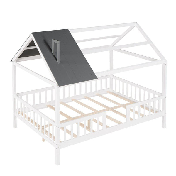 Full Size Wood House Bed with Fence, White+Gray4DTYStore