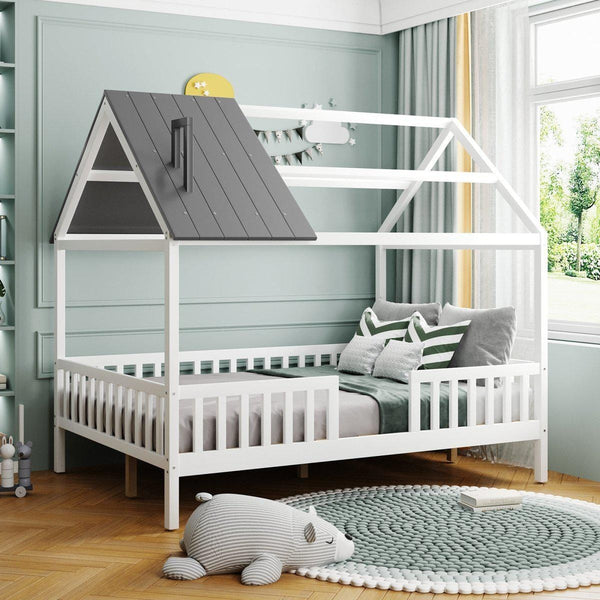 Full Size Wood House Bed with Fence, White+Gray1DTYStore