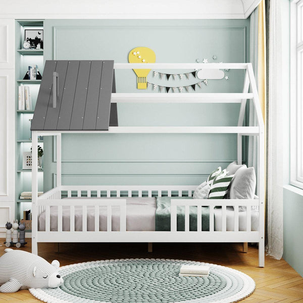 Full Size Wood House Bed with Fence, White+Gray2DTYStore