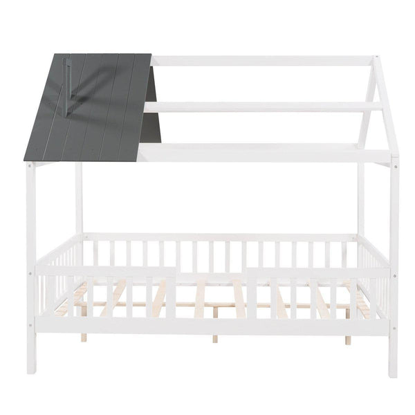 Full Size Wood House Bed with Fence, White+Gray3DTYStore