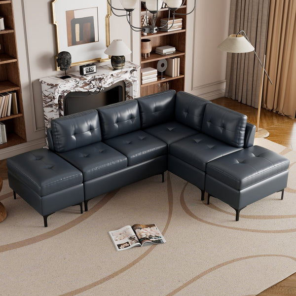 Blue Sectional Sofa with Ottomans