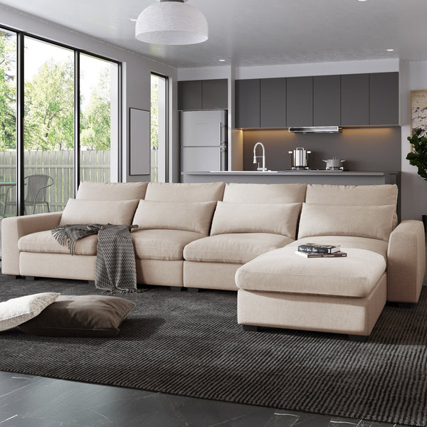 Beige L-Shaped Sofa with Down-Filled Seating3Ustyle