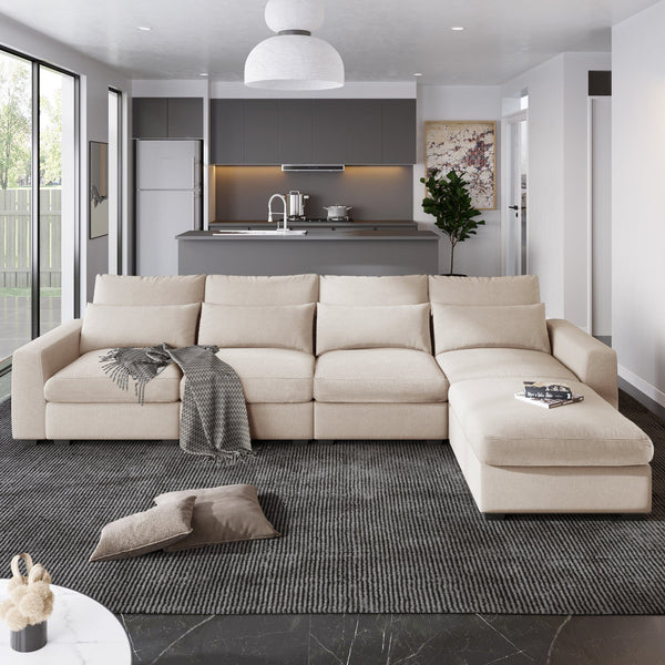 Beige L-Shaped Sofa with Down-Filled Seating4Ustyle