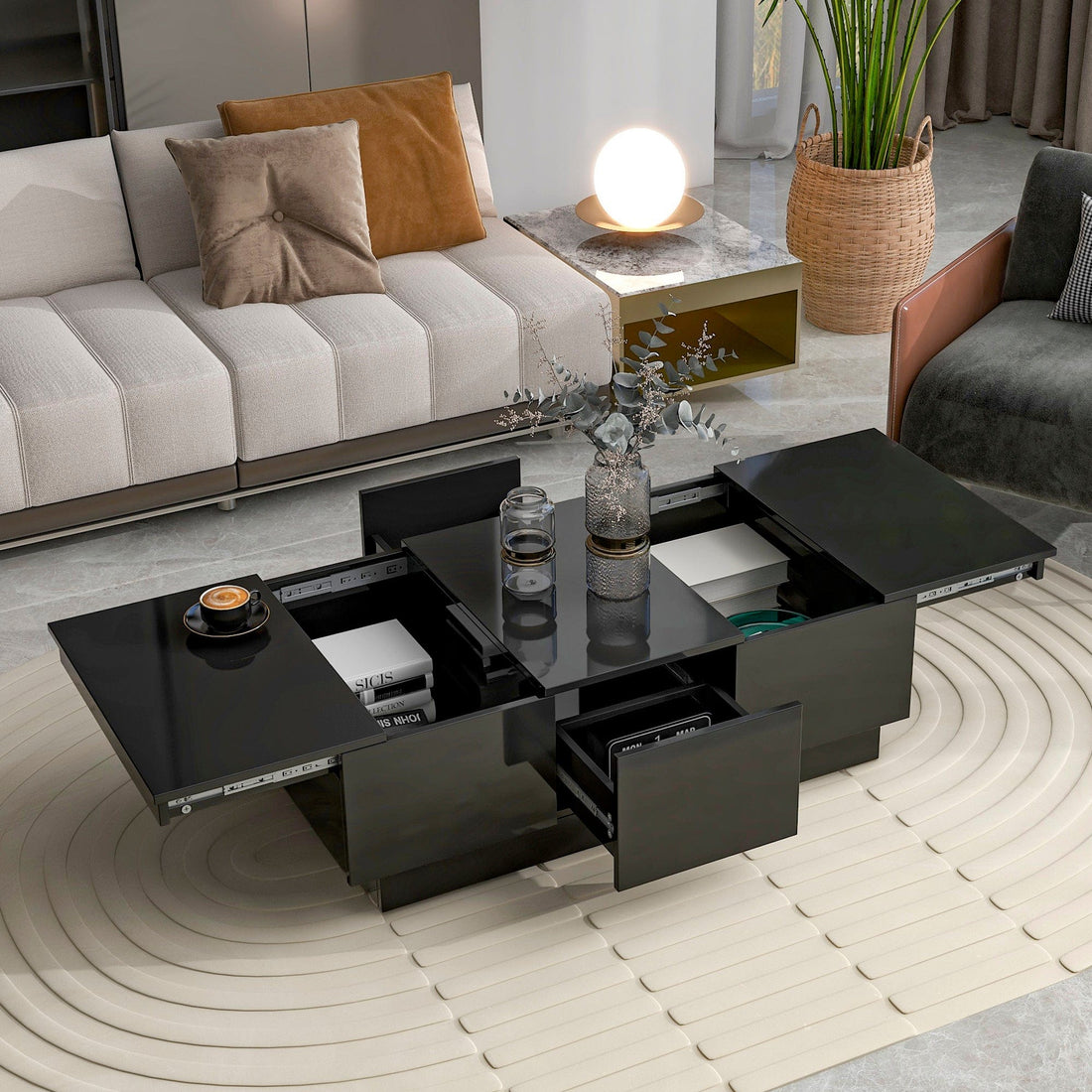 High Gloss Black Coffee Table with Hidden Storage
