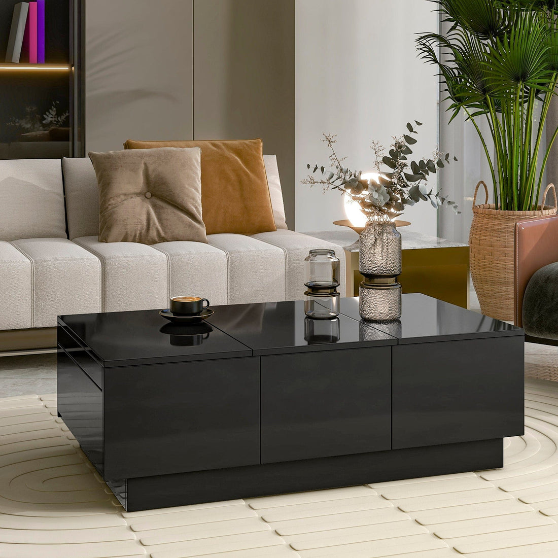 High Gloss Black Coffee Table with Hidden Storage