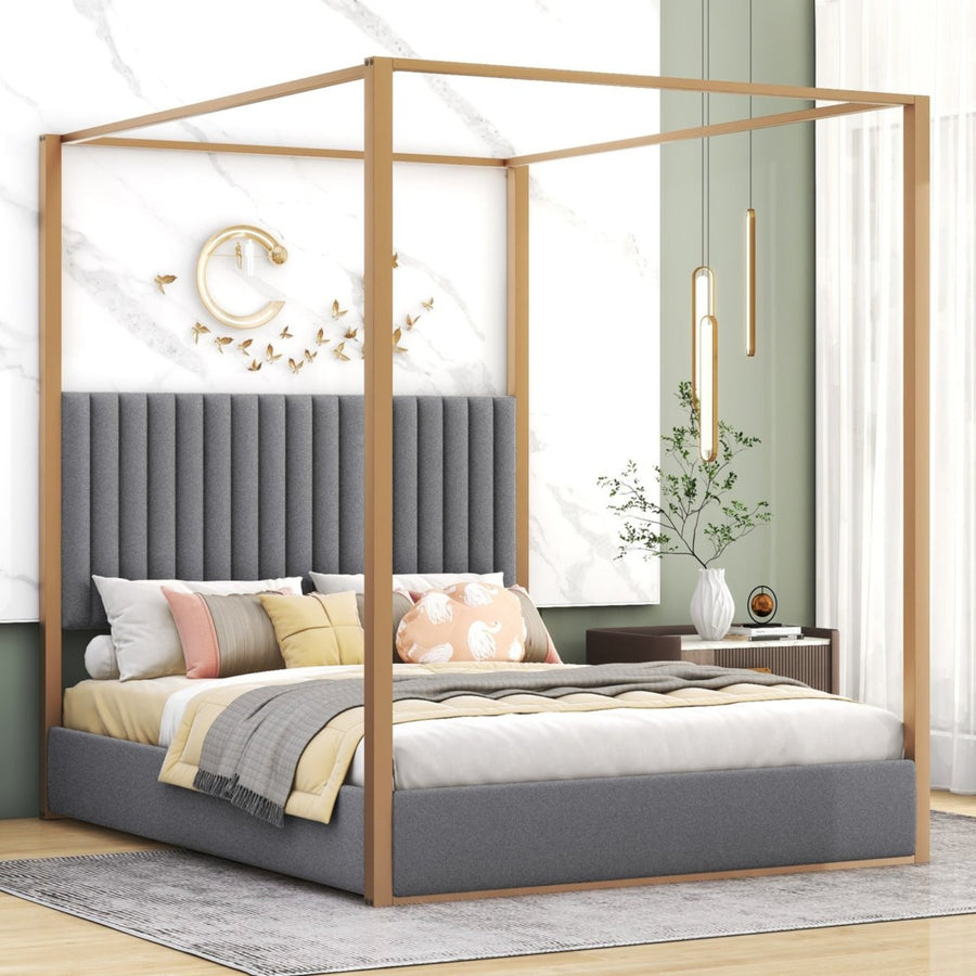 beautiful wooden canopy bed with grey headboard