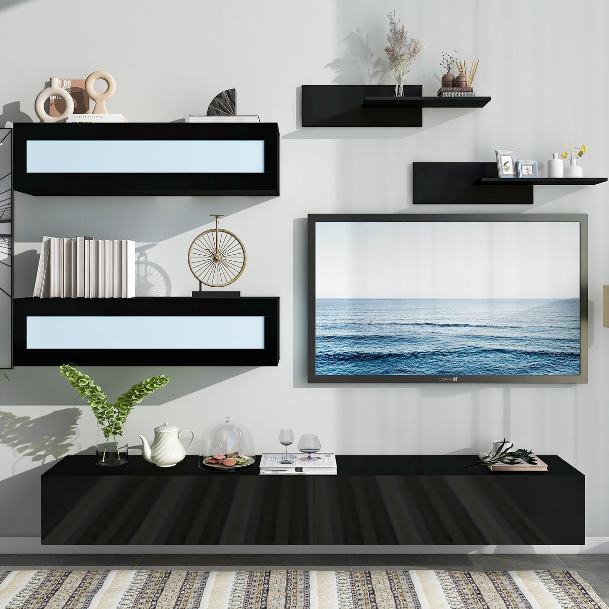 Modern Black Floating TV Wall Unit - Sleek Home Entertainment Storage Solution