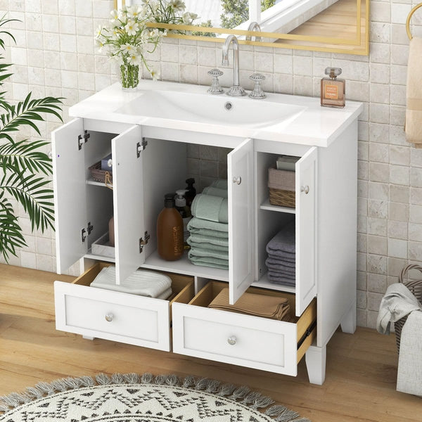 36''White Bathroom Vanity Solid Wood Frame with Resin Sink2MRS
