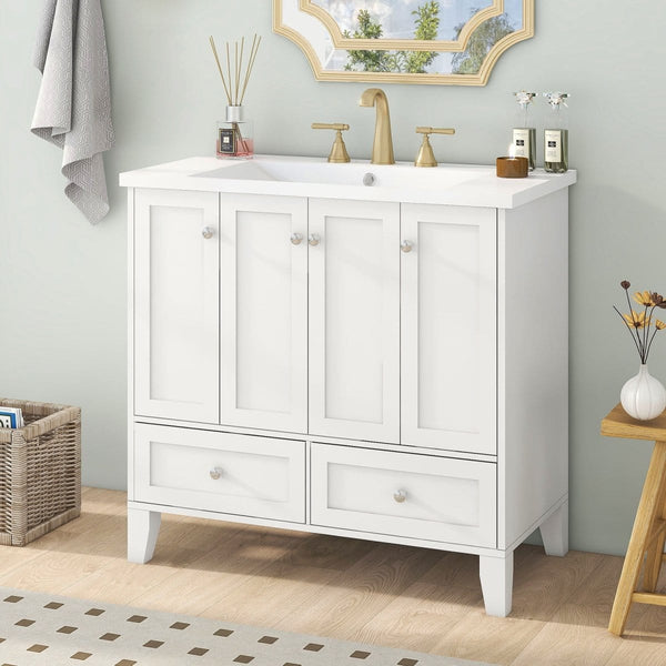 36''White Bathroom Vanity Solid Wood Frame with Resin Sink3MRS