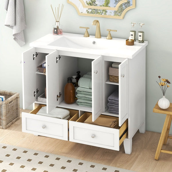 36''White Bathroom Vanity Solid Wood Frame with Resin Sink4MRS