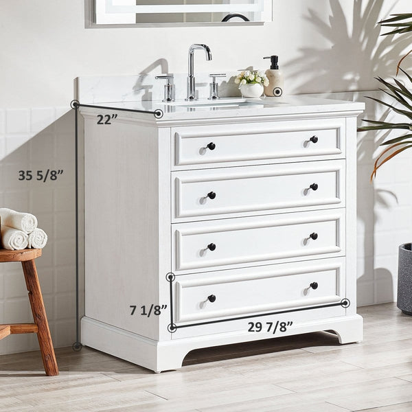 36'' White Freestanding Single Bathroom Vanity with Marble Top4Vixvioror Bath & Vanity