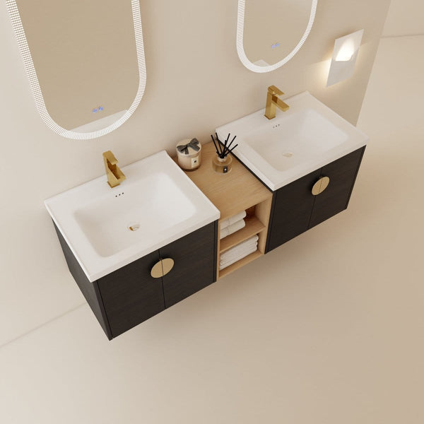60"Black Modern Double Sink Floating Bathroom Vanity3G-Lemon