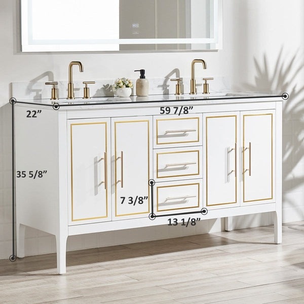 60'' Marble Top Double Sink Bathroom Vanity with Gold Trim3Vixvioror Bath & Vanity
