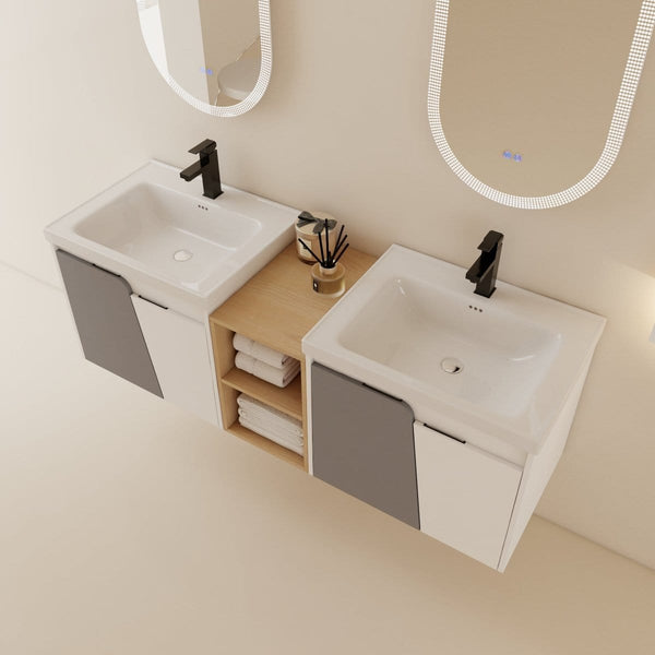 60" Modern White, Grey Double Sink Vanity3G-Lemon