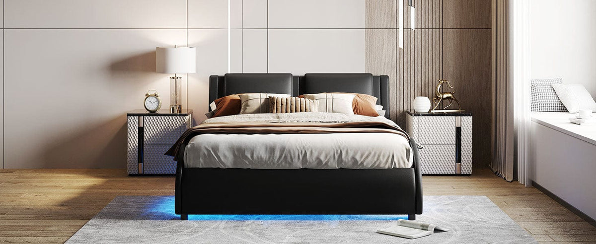 Mattress Xperts  Queen Size Upholstered Faux Leather Platform Bed with LED Light Bed Frame with Slatted - Black Mattress-Xperts-Florida