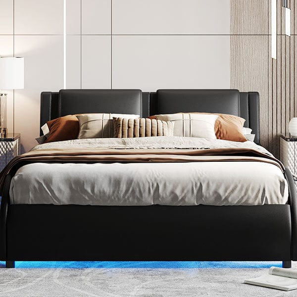 Mattress Xperts  Queen Size Upholstered Faux Leather Platform Bed with LED Light Bed Frame with Slatted - Black Mattress-Xperts-Florida