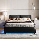 Mattress Xperts  Queen Size Upholstered Faux Leather Platform Bed with LED Light Bed Frame with Slatted - Black Mattress-Xperts-Florida