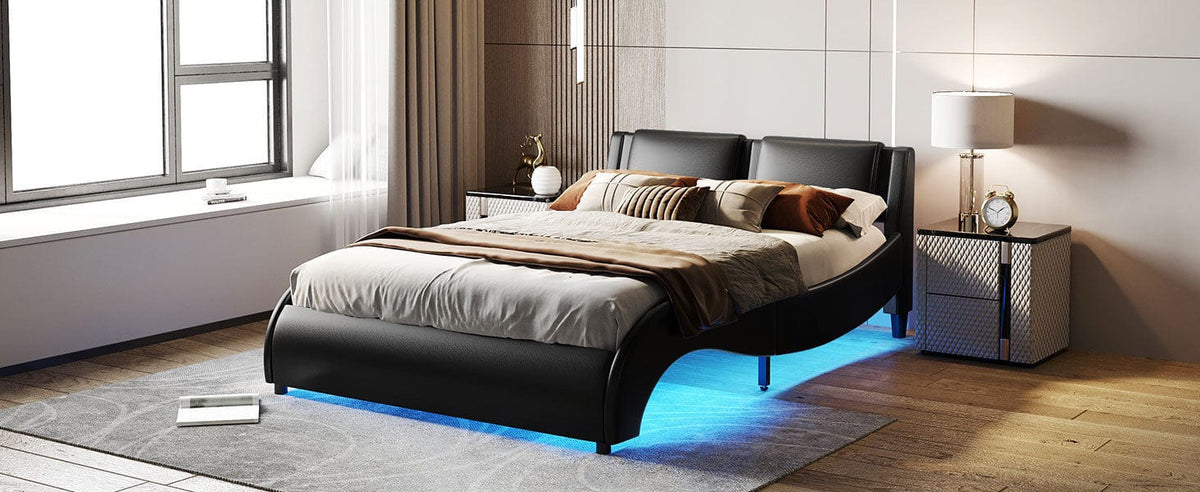 Mattress Xperts  Queen Size Upholstered Faux Leather Platform Bed with LED Light Bed Frame with Slatted - Black Mattress-Xperts-Florida