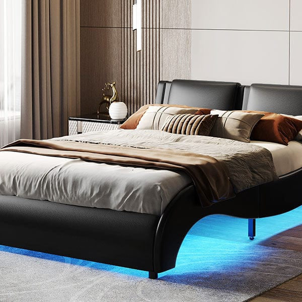 Mattress Xperts  Queen Size Upholstered Faux Leather Platform Bed with LED Light Bed Frame with Slatted - Black Mattress-Xperts-Florida