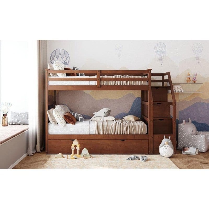 DTYStore Twin-Over-Twin Bunk Bed with Trundle Twin Trundle Bed | Toddler, Natural Oak Finish  Mattress-Xperts-Florida