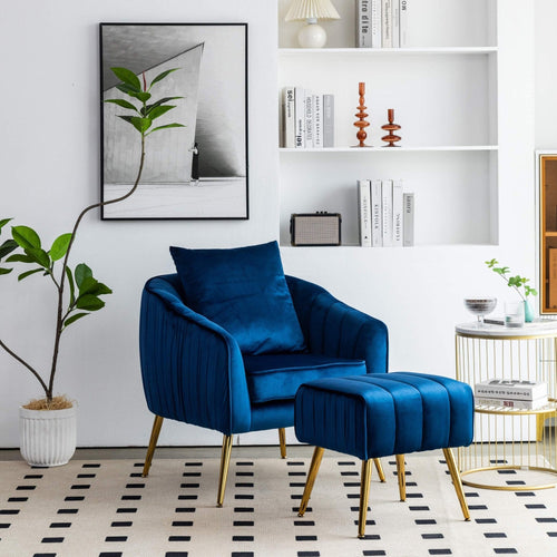 Elegant Modern Blue Accent Chair with Ottoman