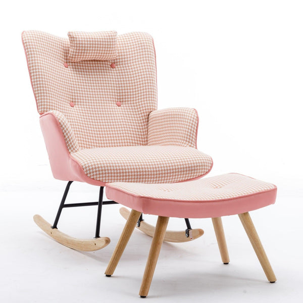 Nursery Chair | Pink Houndstooth with Stool1coolmore