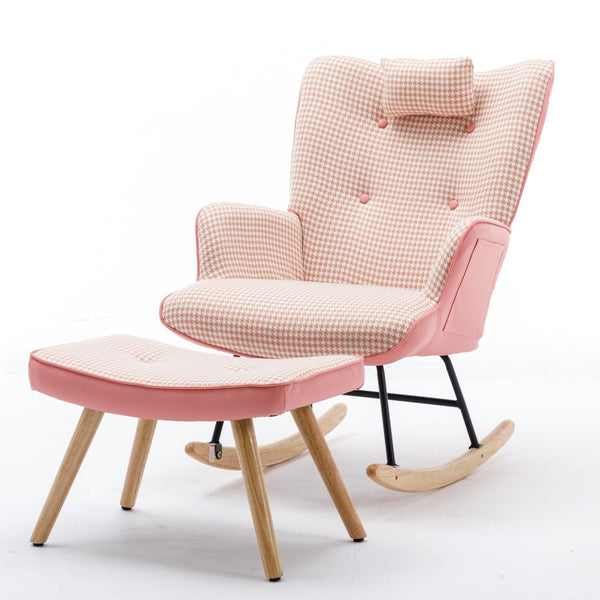 Nursery Chair | Pink Houndstooth with Stool2coolmore