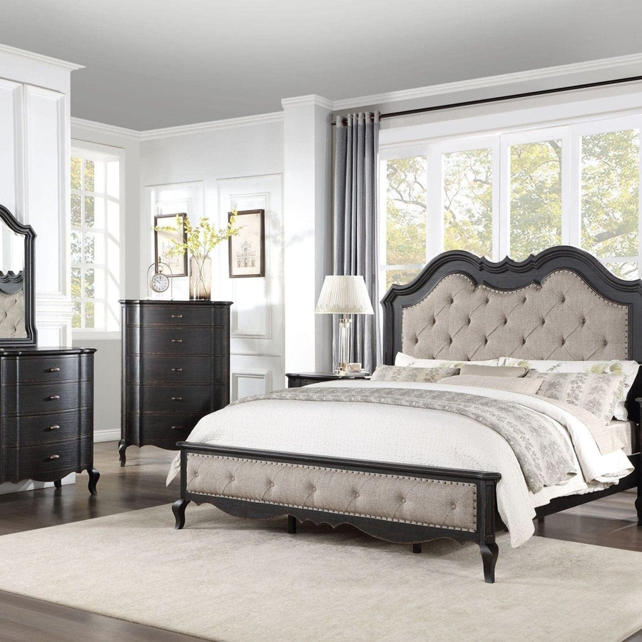 Chelmsford King Bed, Beige Fabric w/ Black Finish