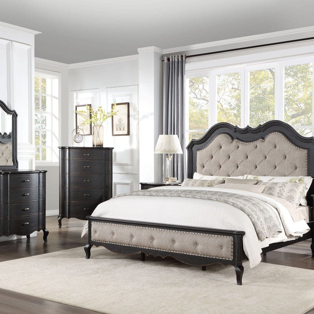 Acme Chelmsford King Bed, Beige Fabric w/ Black Finish Mattress-Xperts-Florida