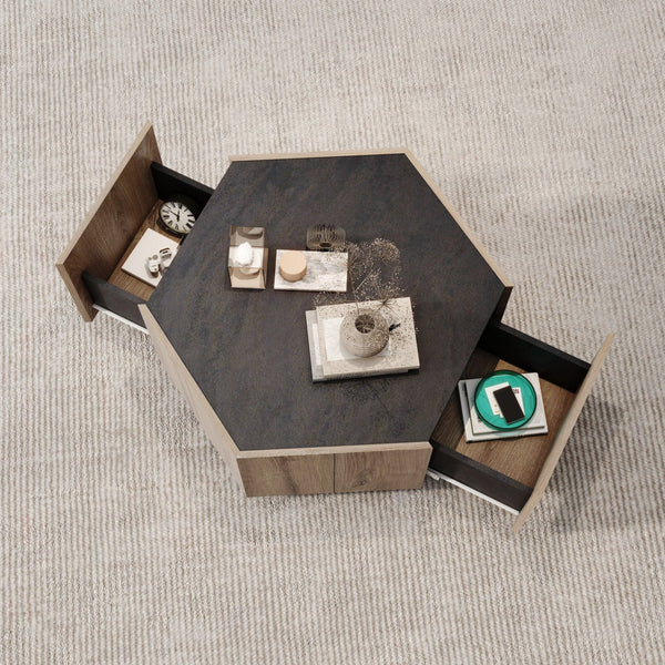 Hexagonal Coffee Table with 2 drawers3Ustyle