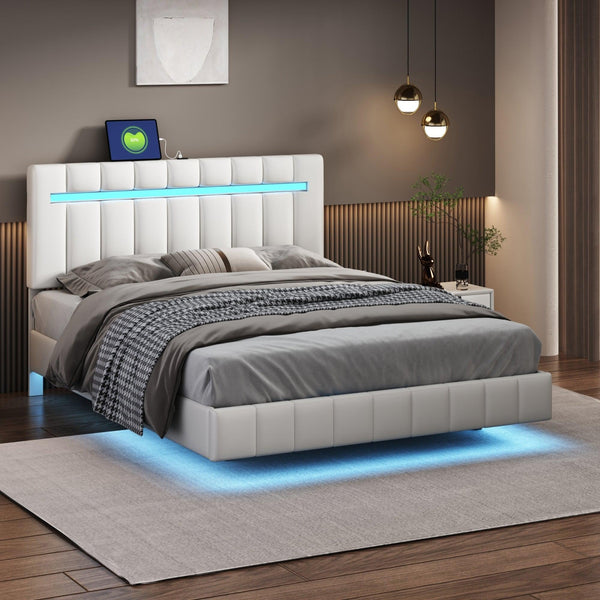 HOME OEING Store Store Floating Bed | Modern Bedroom Floating White Modern Bed with LED lights Mattress-Xperts-Florida