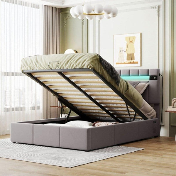 DTYStore Full Size Grey Upholstered Storage Bed with LED Mattress-Xperts-Florida