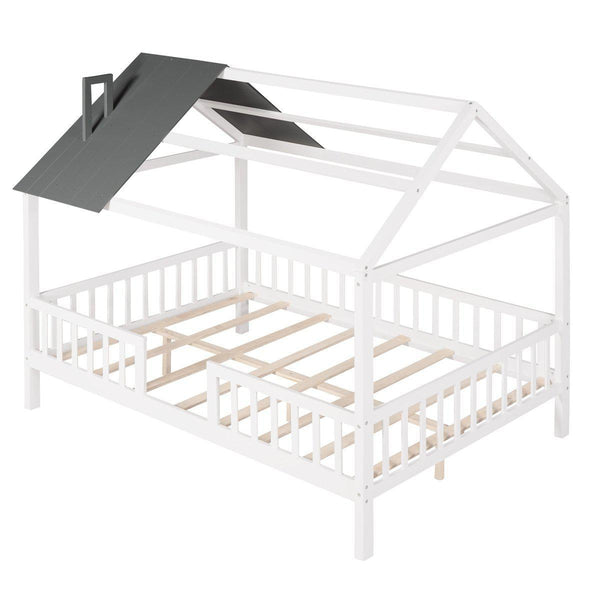 Full Size Wood House Bed with Fence, White+Gray5DTYStore