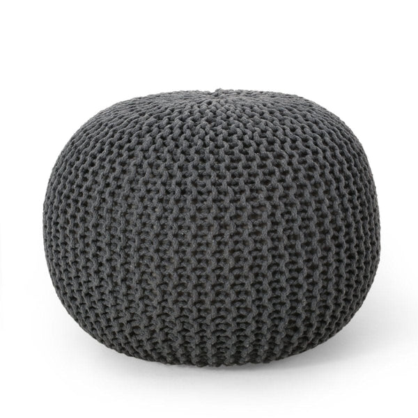 Bazara Gray Knitted Cotton Round Pouf | USA Product Grey Knitted Decor Pouf | Made In USA  Mattress-Xperts-Florida