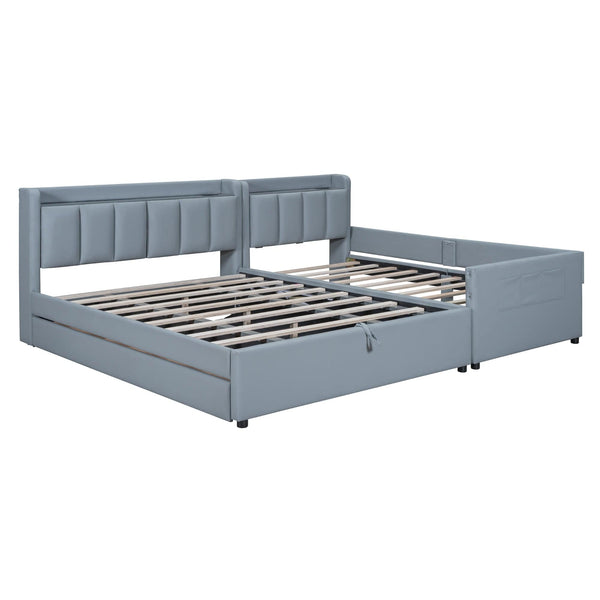 Acme Queen Size & Twin XL Size Upholstered Platform Bed, Mother & Child Bed with Hydraulic Storage System, Drawer Box, Bedhead storage shelf and Two pairs of sockets & USB Ports, PU Leather, Gray Mattress-Xperts-Florida
