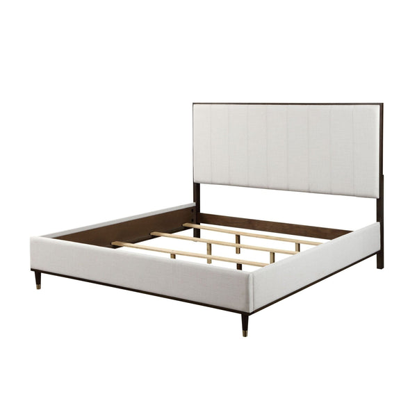 King Bed - Light Gray Fabric White Brown Wood Finish5Mattress Xperts