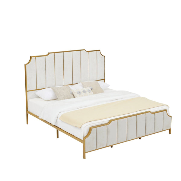 King Size Bed - Elegant Luxury White Gold Velvet1mattress xperts