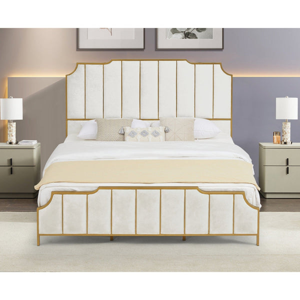 King Size Bed - Elegant Luxury White Gold Velvet2mattress xperts