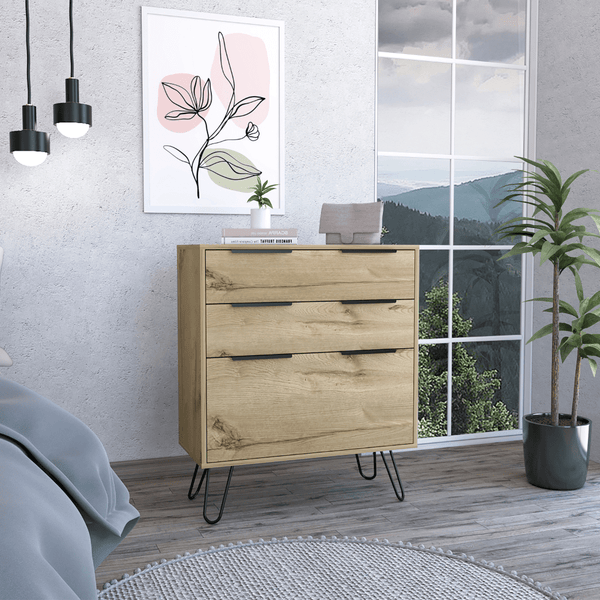 Light Oak 3 Drawer Nightstand with Hairpin Legs