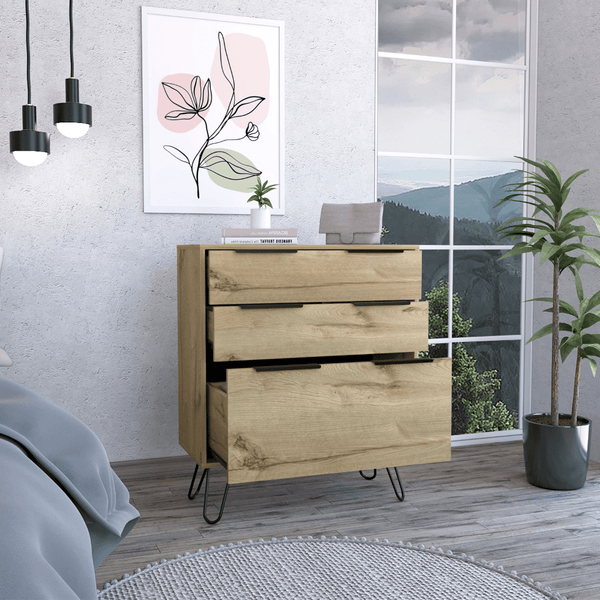 Light Oak 3 Drawer Nightstand with Hairpin Legs
