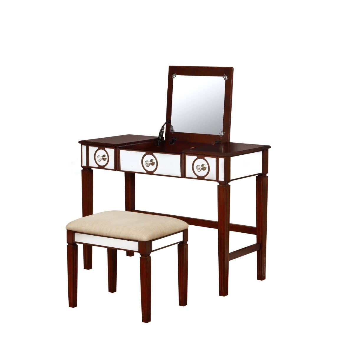 Acme Makeup Vanity Cherry Wood with Mirrored Stool Makeup Vanity Cherry Wood with Mirrors Mattress-Xperts-Florida