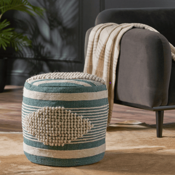 Handcrafted Fabric Cylindrical Pouf, White and Teal1Bazara
