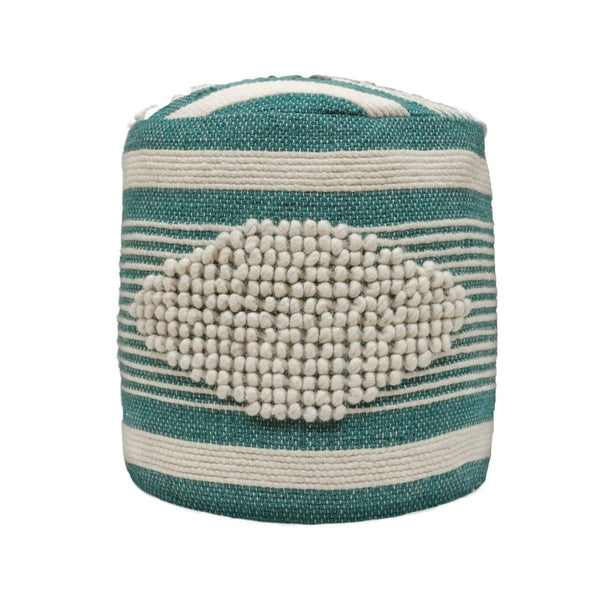Handcrafted Fabric Cylindrical Pouf, White and Teal3Bazara