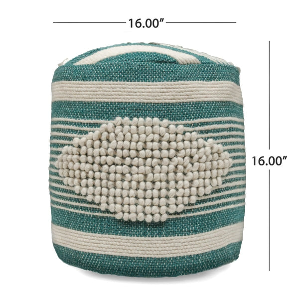 Handcrafted Fabric Cylindrical Pouf, White and Teal5Bazara