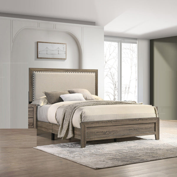 Frisco Queen Grey Wooden Bed with Nailhead Fabric Trim