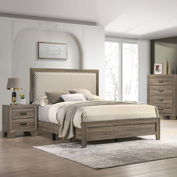 Frisco Queen Grey Wooden Bed with Nailhead Fabric Trim