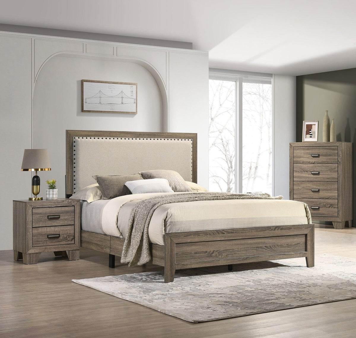 Kanepe Frisco Queen Grey Wooden Bed with Nailhead Fabric Trim Mattress-Xperts-Florida