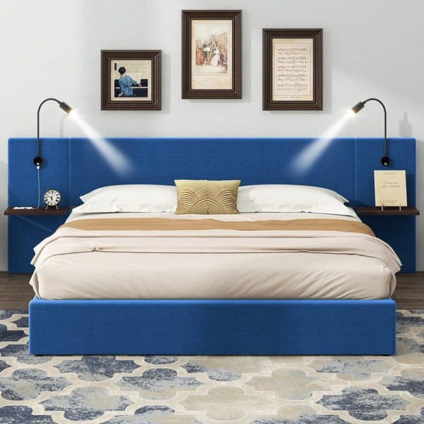 Queen Blue Wall Bed with Lights and Side Tables1Mattress Xperts