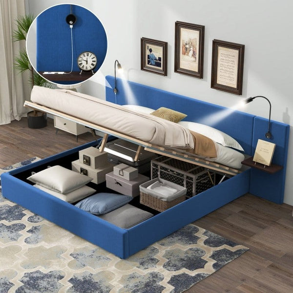 Queen Blue Wall Bed with Lights and Side Tables4Mattress Xperts
